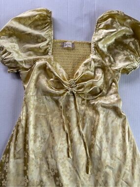 Altar'd State Yellow Floral Puff-Sleeve Mini Dress with Front Tie